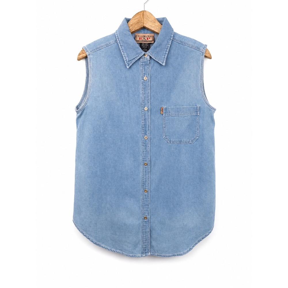 Vintage 90s EXP Jeans by Express Sleeveless Shirt‎ Large Blue Denim Button Down